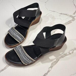 A. Giannetti Black Silver Embellished Strap Cross-Strap Wedge Heel Sandals 8